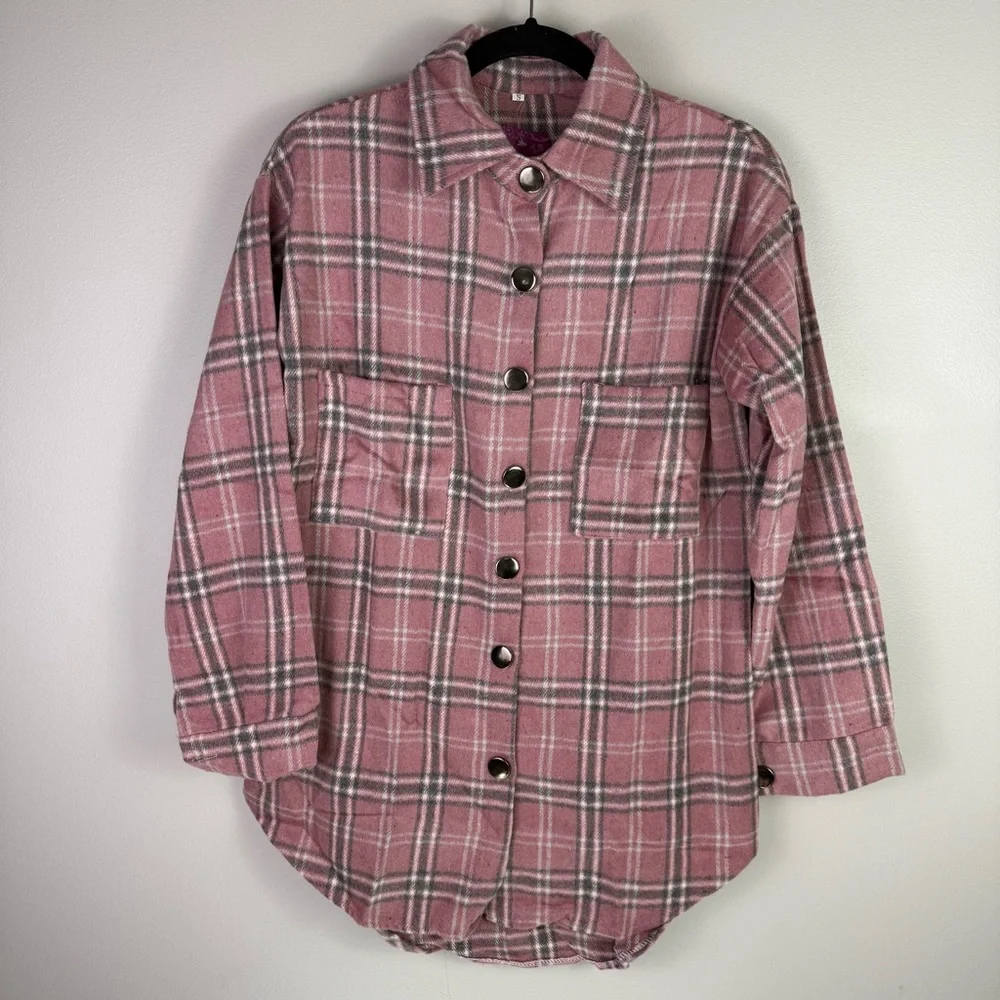 Yakita Womens Plaid Flannel Shirt Jacket Pink Button Down NWT Small - Picture 2 of 11